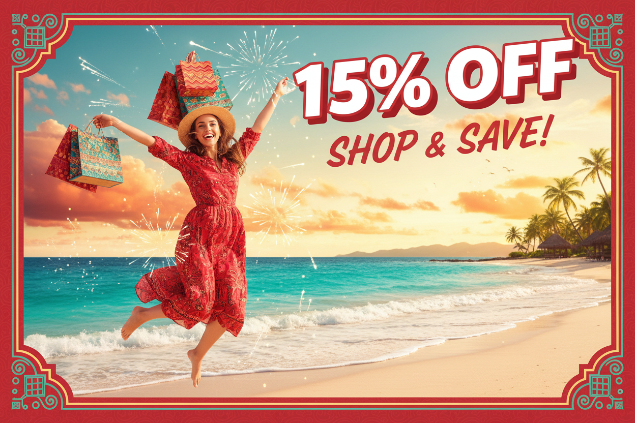 15% off poster with red mix colour combo with arective image of a girl holding the shopping begs on head and jumping on sea beach
